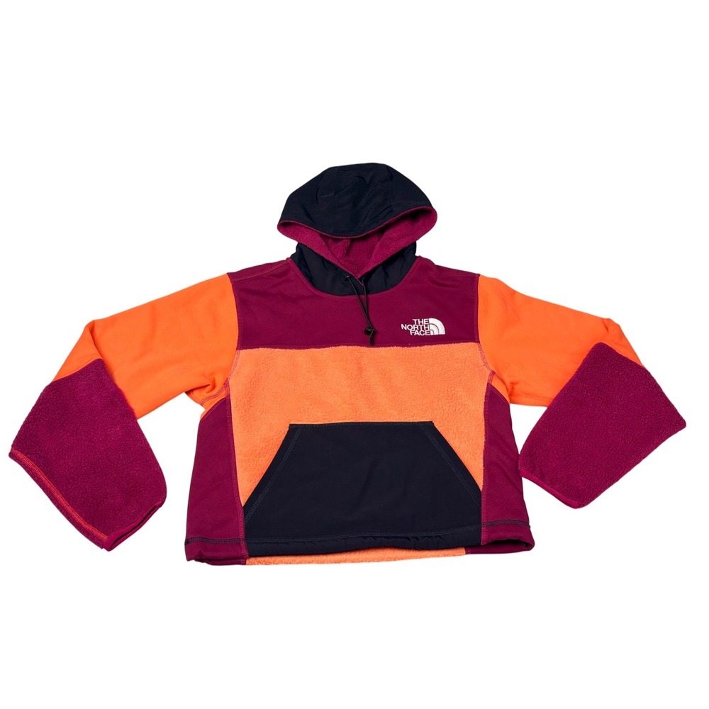 The North Face Cropped Colorblock‎ Fleece Hoodie Pullover XS Orange Purple Black